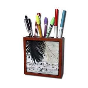 Florene Music   Black and White Feathers On Notes   Tile Pen Holders 5 