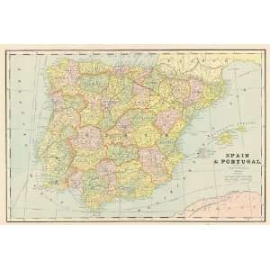   Cram 1892 Antique Map of Spain & Portugal   $69: Office Products