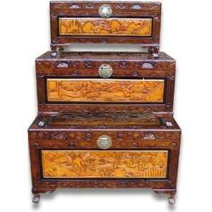   Carved Keepsake Chest Set of Three Hand Carved Chests: Home & Kitchen