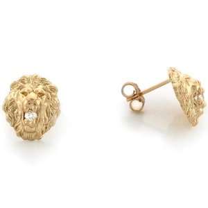  10k Yellow Gold 1.1cm Lion Head with Round CZ Pin Earrings 