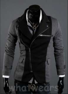 Fashion Mens Slim Irregular Zipper Design Jacket Coat Grey Sleeve 