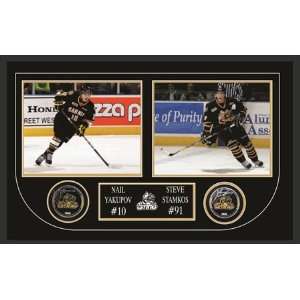   Signed Framed Pucks with Etched Mat Sarnia Sting
