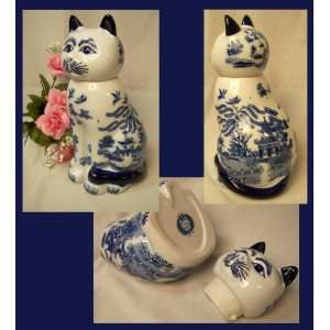 Blue Willow Ceramic Sitting Cat Goody Jar: Home & Kitchen