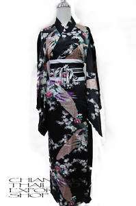 Vintage Yukata Kimono Japanese Silk Dress Black XL  