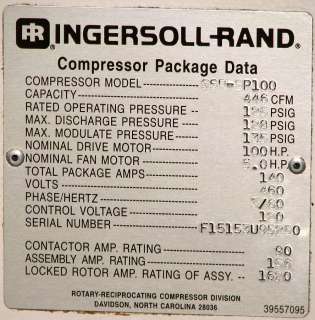 Ingersoll Rand 100 HP Rotary Screw Air Compressor Model SSR EP 100 