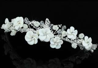 Bridal Handmade White Flower Tiara use Swarovski Crystal T1444  
