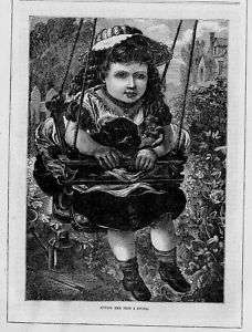 YOUNG GIRL GIVING PETS A SWING ANTIQUE DOLL DOG PRINT  