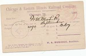 1882 POSTAL CARD RAILROAD CHICAGO & EASTERN ILLINOIS  
