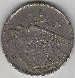 1957 Spain (ESPANA) 25 PTAS Coin  