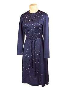   Midnight Blue Poly Dress With Rhinestone Studs Front 1970S  