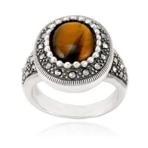  Sterling Silver Marcasite and Oval Tigers Eye Ring, Size 