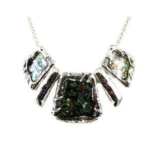  Abalone Shell Filigree Necklace and Earrings Set Silver Tone Jewelry
