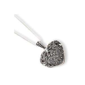Sterling Silver Marcasite Heart Locket With Chain   18 Inch   Spring 