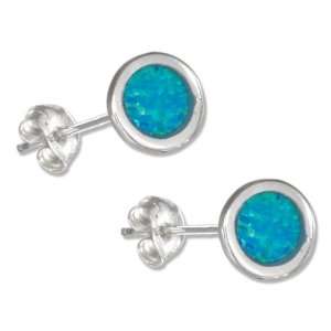    Sterling Silver Medium Round Synthetic Blue Opal Earrings Jewelry