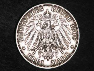 GERMANY WURTTEMBERG 1909F 3 Mark Silver VF  