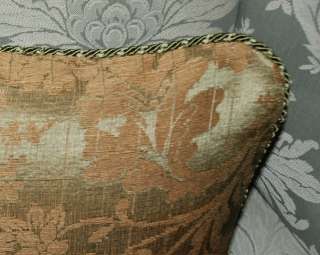 Pea Green Antique French Silk Pillow with Hemp Damask Design  