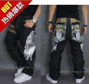 Embroidery silver wings Cool Mens Hip Hop Jeans Casual Pants Size 32 
