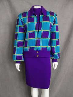 St. John 3 Piece Santana Knit Suit Set Purple Teal Lime Jacket Top 