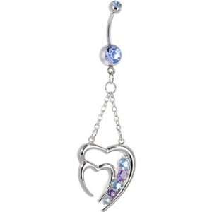  Solar Blue Gem Twin Hearts Chain Drop Belly Ring: Jewelry