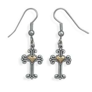   Silver and 14 Karat Gold Ornate Cross Earrings Model#64810 By Taxco