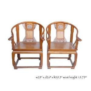  Pair Bold Lotus Carving Horse Shoe Armchairs: Kitchen 