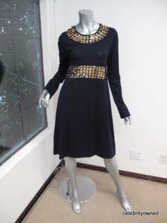 Tory Burch Navy Blue/Gold Plastic Circle Detail Long Sleeve Dress L 