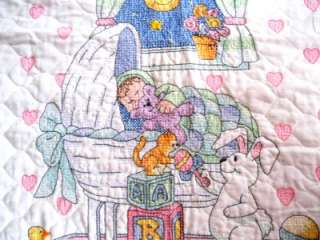 Completed CROSS STITCH Nursery Blanket BABY QUILT Bassinet~Bunny~Ducks 
