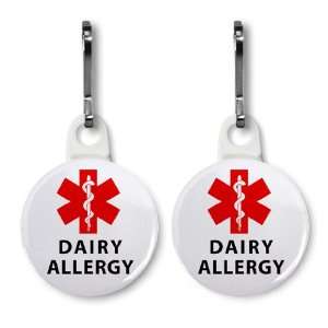 DAIRY ALLERGY Red Medical Alert 2 Pack White 1 inch Zipper Pull Charms