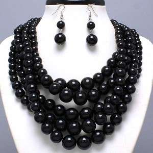   Black Faux Pearls Beads Statement Necklace and Earrings Set  