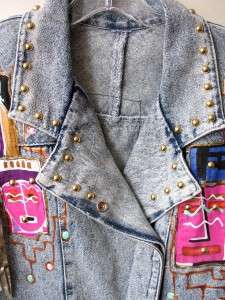   1980s Handpainted Southwestern Navajo Studded Acid Washed Denim Jacket