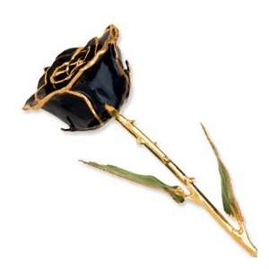 Long Stem Dipped 24K Gold Trim Black Lacquered Genuine Rose w/ Gift 