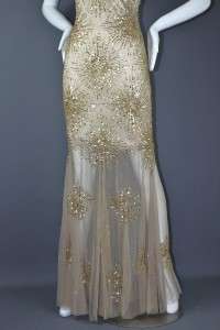 NEW AIDAN MATTOX GOLD SEQUIN BEADED MESH OVERLAY FORMAL PROM GOWN 