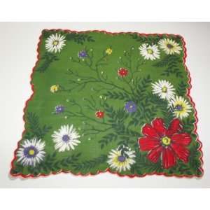  Vintage Ladies Green Handkerchief With Red, White And 