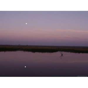  Marsh Area, Twilight View, Moon Reflected in Water, U.S 