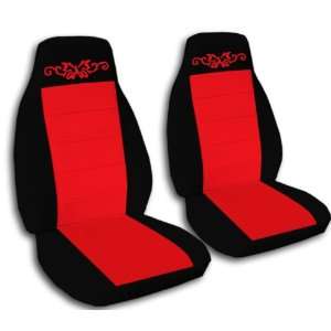 2 black and red car seat covers, with a butterfly tattoo 