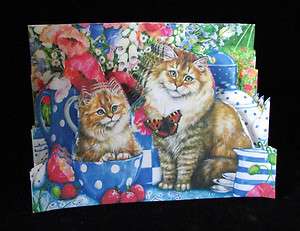 Beautiful Handmade Pop Up Squeeze Card   Cat with Kitten in Tea Cup 