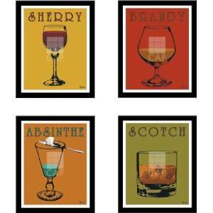 SHERRY, ABSINTHE, BRANDY, SCOTCH Drinks art 4 piece FRAMED/MATTED set 
