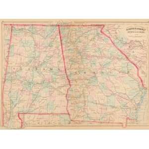  Asher & Adams 1874 Antique Map of Alabama & Georgia 