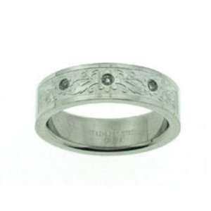  Stainless Steel and Crystal Floral Engraved Ring, Size 6 Jewelry