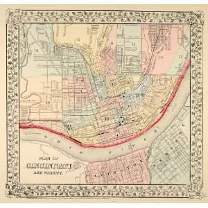  1872 Map Cincinnati City Plan Street Ohio River Antique 