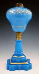 19C BLUE OPALESCENCE OPALINE GLASS OIL LAMP WITH MORNING GLORY FLOWERS 