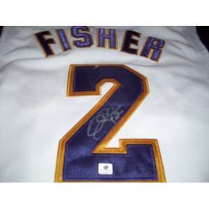 Authentic Derek Fisher Autograph Home White Los Angeles Lakers Jersey 