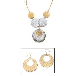   14k Gold Plated Textured Circle Disk Necklace and Pierced Earring Set