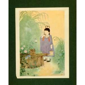  1913 Tipped In Print Japanese Girl Child Morning Glory 