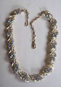 Vintage Aurora Borealis Rhinestone Necklace Gold Tone  