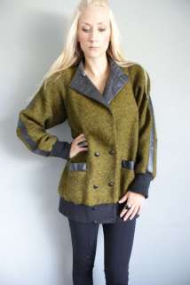   GREEN TWEED wool leather AVANT GARDE dress COAT boho sporty jacket