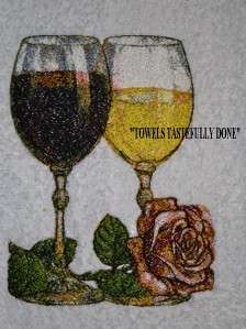   Wine Glasses & Rose  2 EMBROIDERED HAND TOWELS by Susan  
