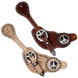  Ladies Acorn Tooled Leather Spur Straps With Peace Sign 