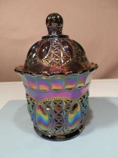 IMPERIAL BEADED JEWEL AMETHYST CARNIVAL GLASS CANDY JAR AND LID W 