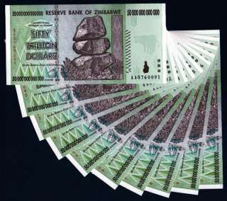 50 TRILLION ZIMBABWE DOLLARS x 10 BANK NOTES ALMOST UNC  